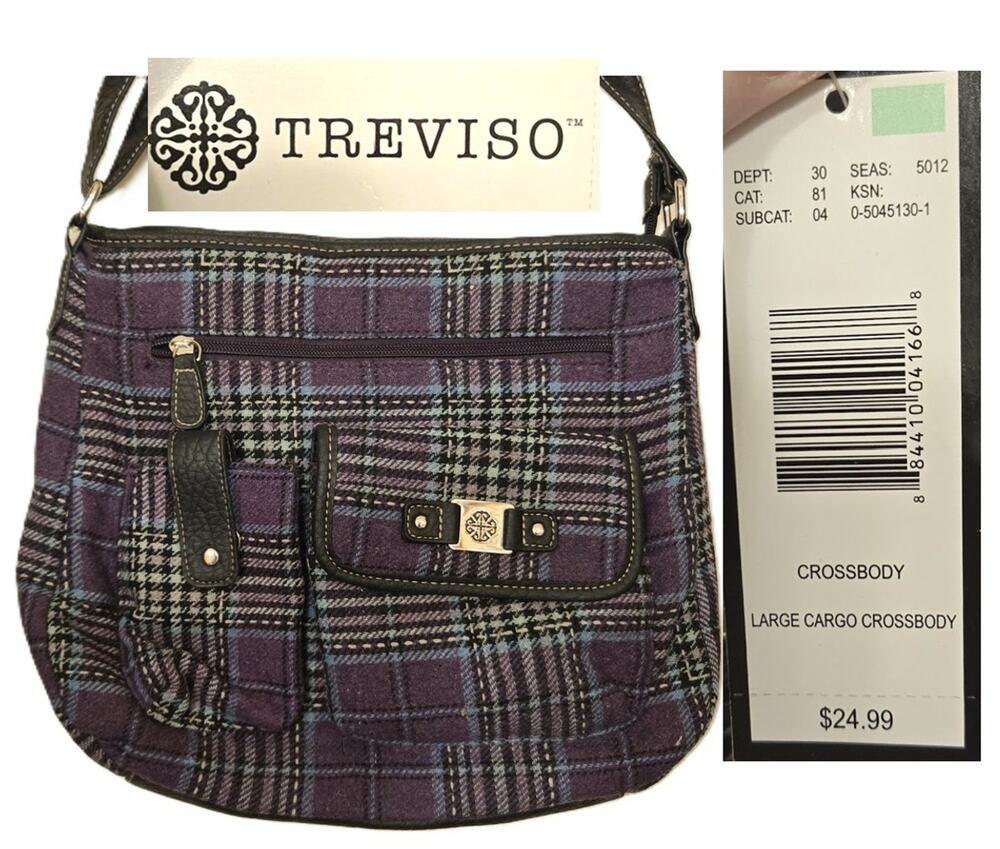Treviso Plaid Cargo Crossbody Bag Purple Black NWT